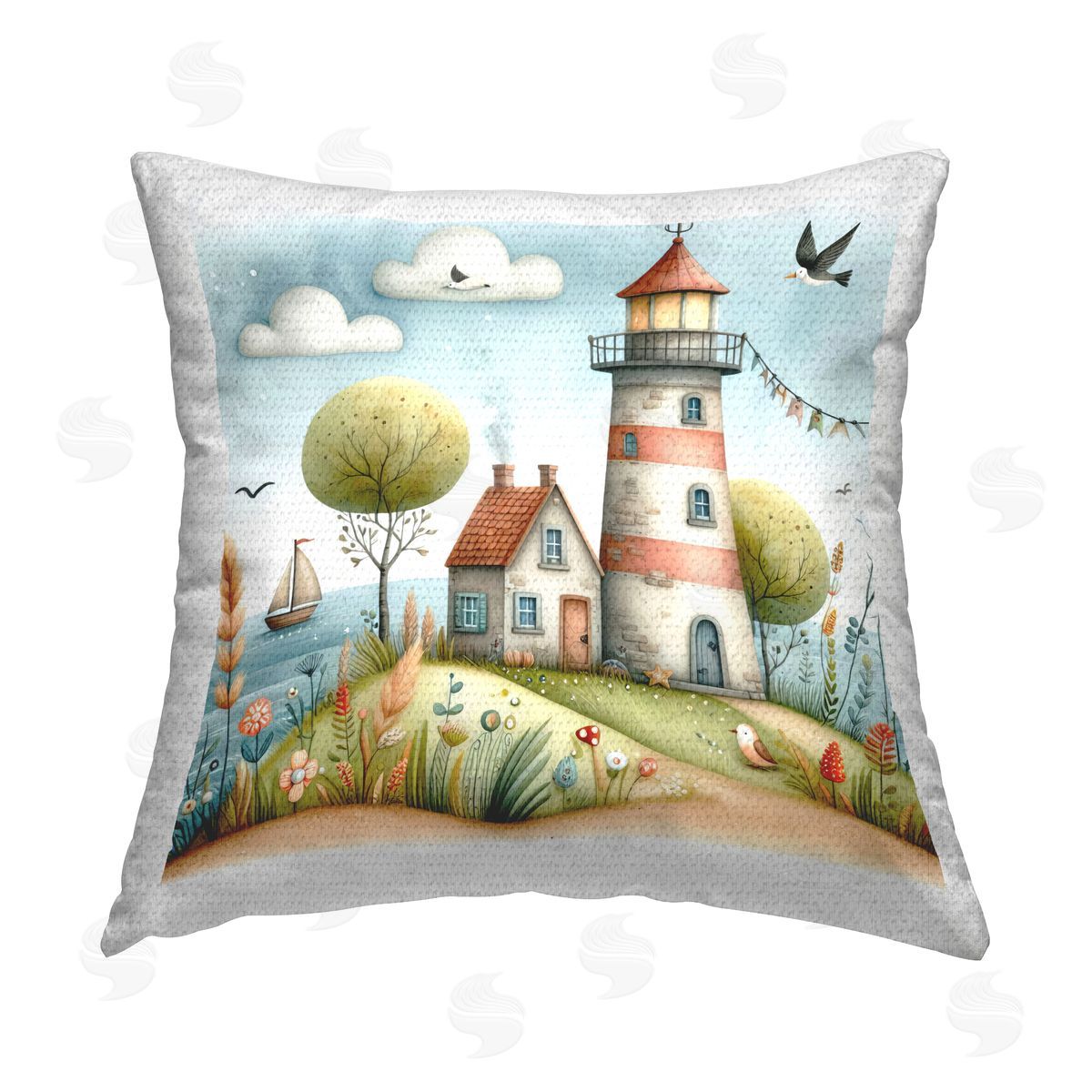 LSR Design Studio Nautical Lighthouse Whimsy Outdoor Quick-Dry Polyester Printed Throw Pillow