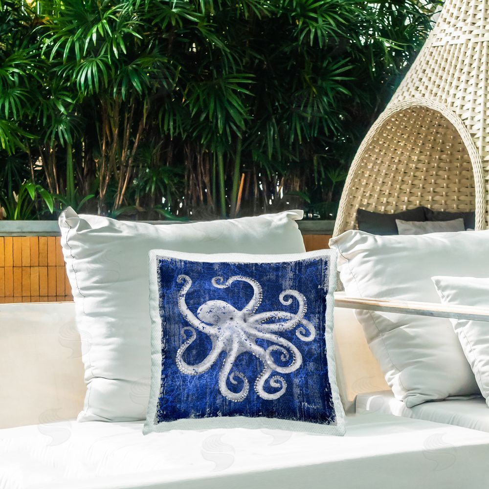 Paul Brent Rustic Indigo Octopus Outdoor Quick-Dry Polyester Printed Throw Pillow in Back Yard