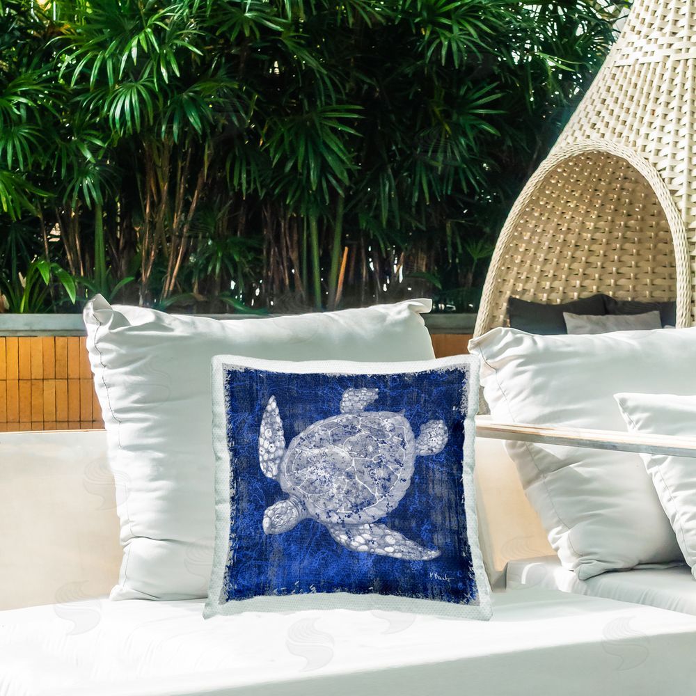 Paul Brent Rustic Indigo Turtle Outdoor Quick-Dry Polyester Printed Throw Pillow in Back Yard
