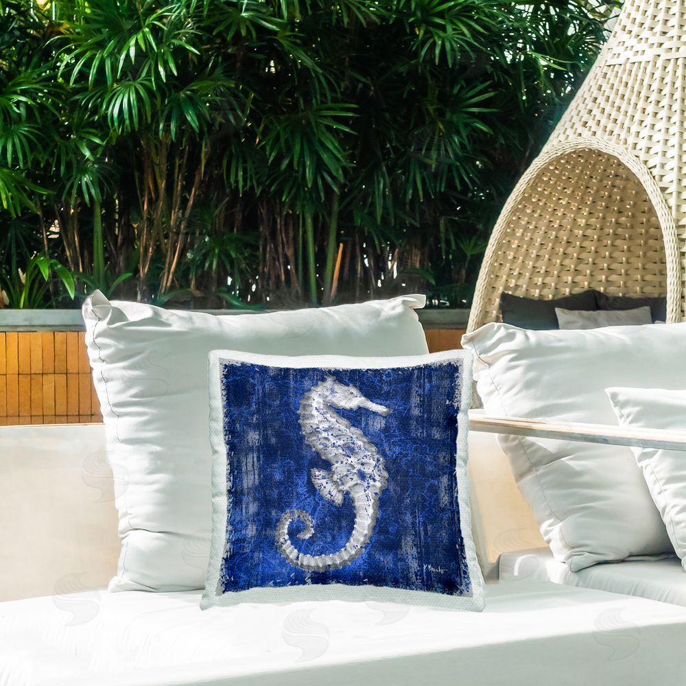 Paul Brent Rustic Indigo Seahorse Outdoor Quick-Dry Polyester Printed Throw Pillow in Back Yard