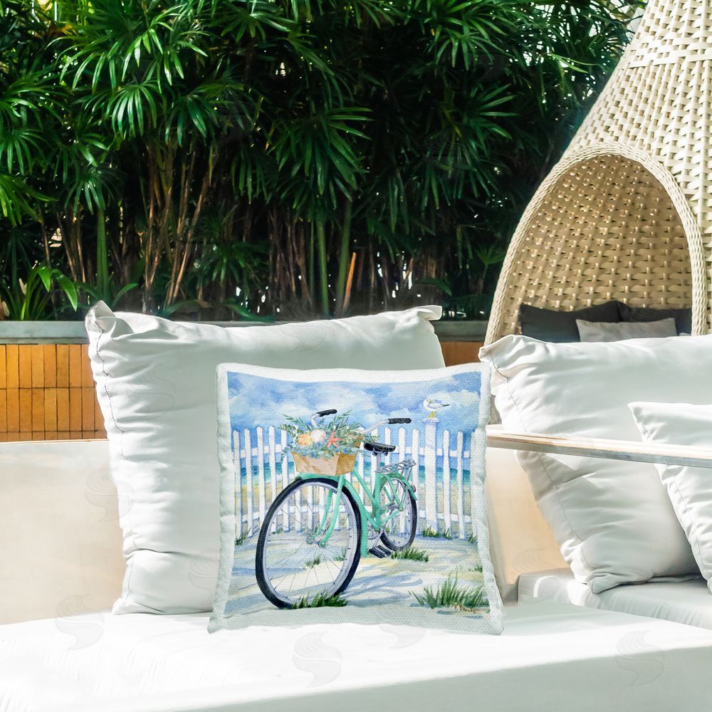 Paul Brent Bike on Floral Beach Outdoor Quick-Dry Polyester Printed Throw Pillow in Back Yard