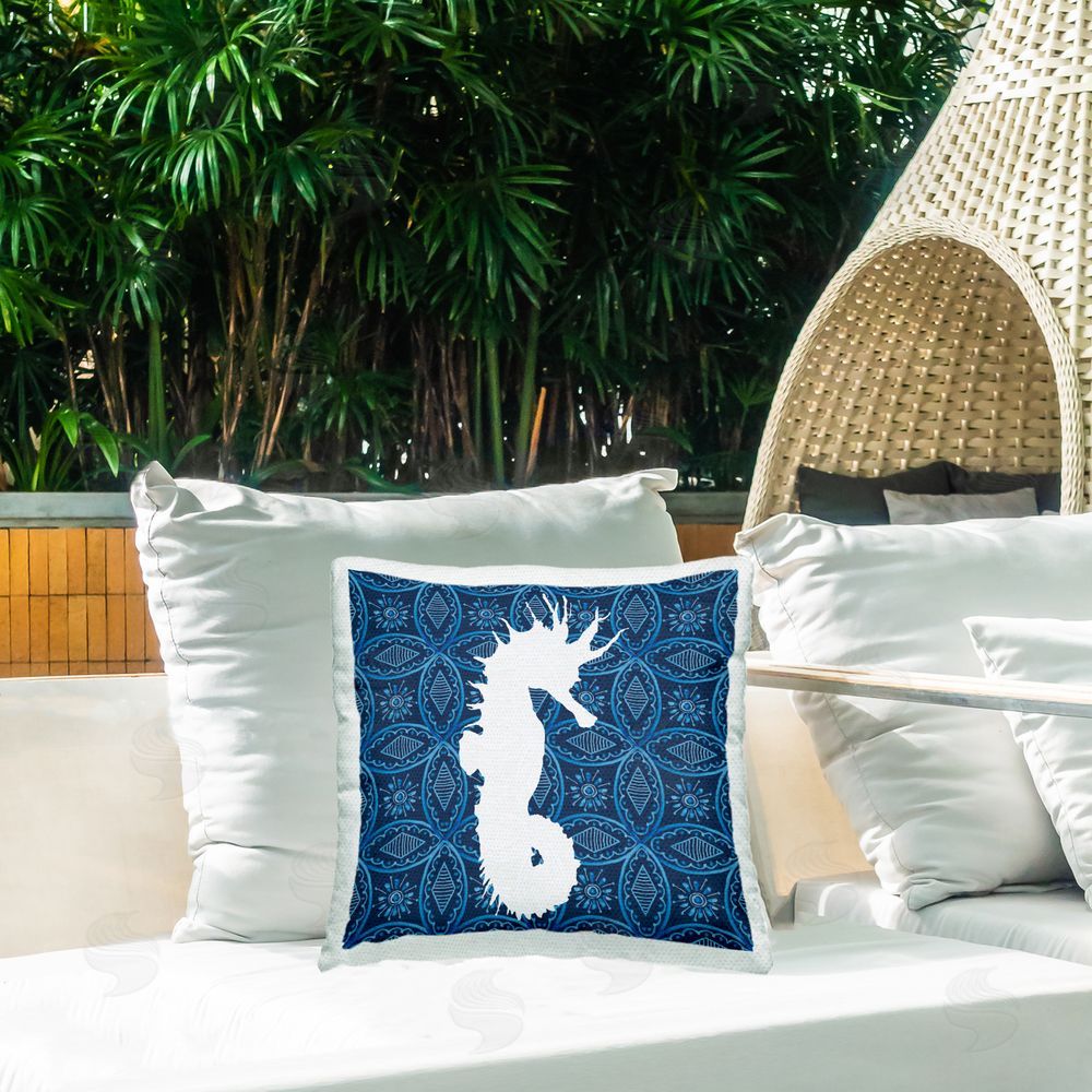 Carol Robinson Sea Patterned Seahorse Outdoor Quick-Dry Polyester Printed Throw Pillow in Back Yard