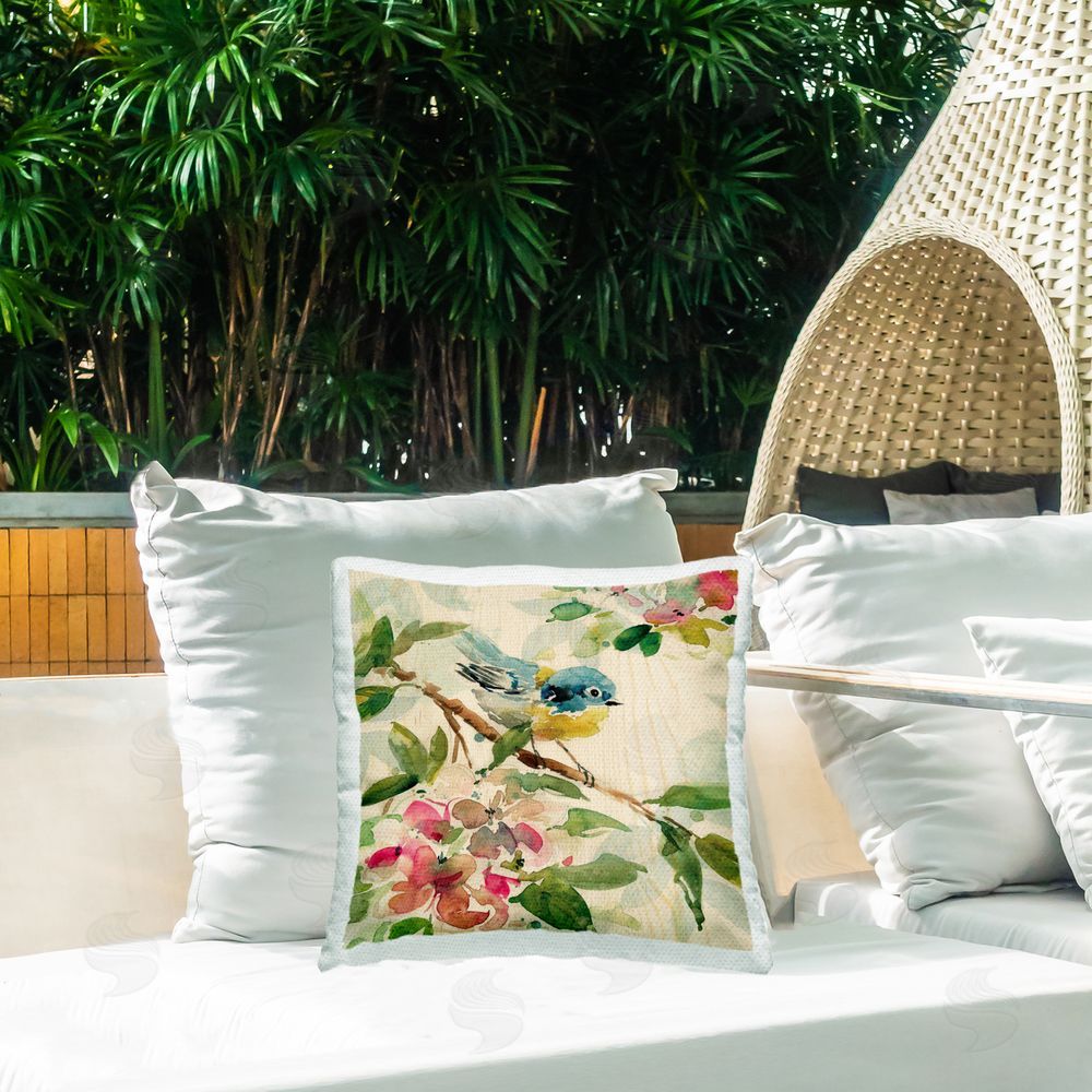 Carol Robinson Spring Bird on Stem Outdoor Quick-Dry Polyester Printed Throw Pillow in Back Yard