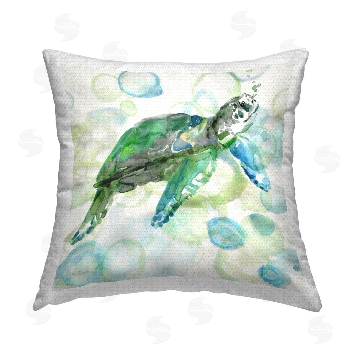 Carol Robinson Green Turtle on Bubbles Outdoor Quick-Dry Polyester Printed Throw Pillow