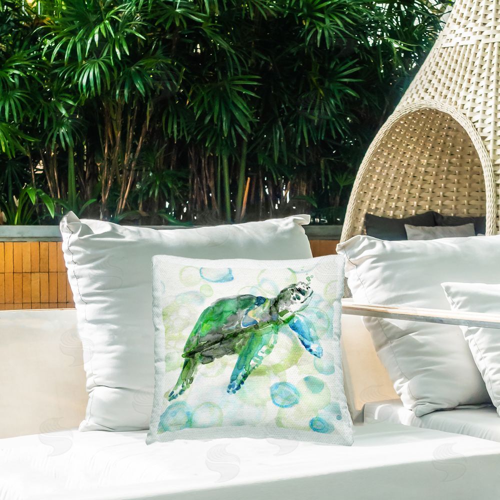 Carol Robinson Green Turtle on Bubbles Outdoor Quick-Dry Polyester Printed Throw Pillow in Back Yard