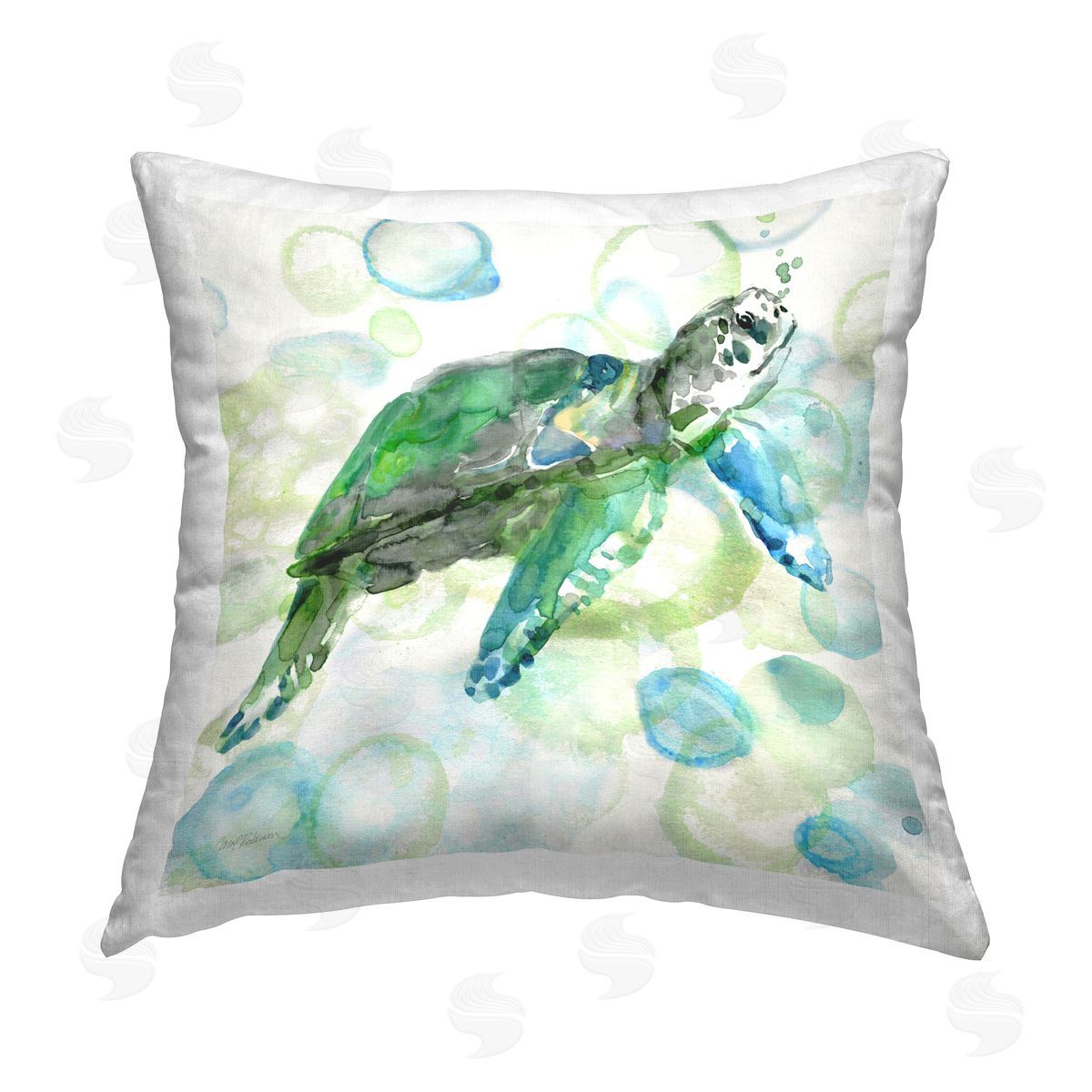 Carol Robinson Green Turtle on Bubbles Printed Plush Polyester Throw Pillow