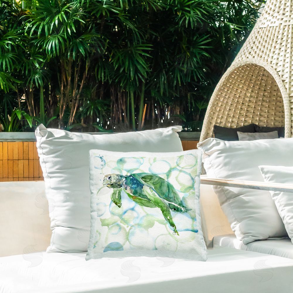 Carol Robinson Sea Turtle on Bubbles Outdoor Quick-Dry Polyester Printed Throw Pillow in Back Yard