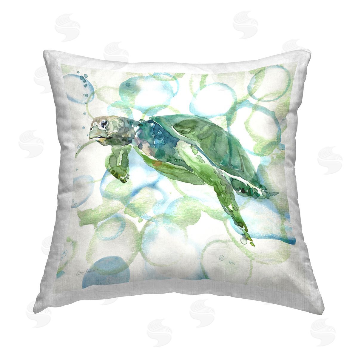 Carol Robinson Sea Turtle on Bubbles Printed Plush Polyester Throw Pillow