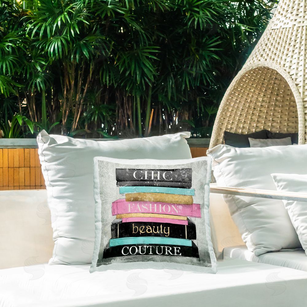 Carol Robinson Chic Fashion Bookstack Outdoor Quick-Dry Polyester Printed Throw Pillow in Back Yard
