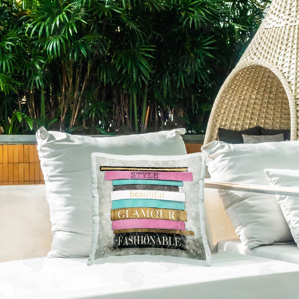 Carol Robinson Sophisticated Glam Bookstack Outdoor Quick-Dry Polyester Printed Throw Pillow in Back Yard