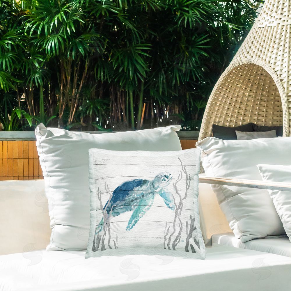 Carol Robinson Aqua Blue Turtle Outdoor Quick-Dry Polyester Printed Throw Pillow in Back Yard