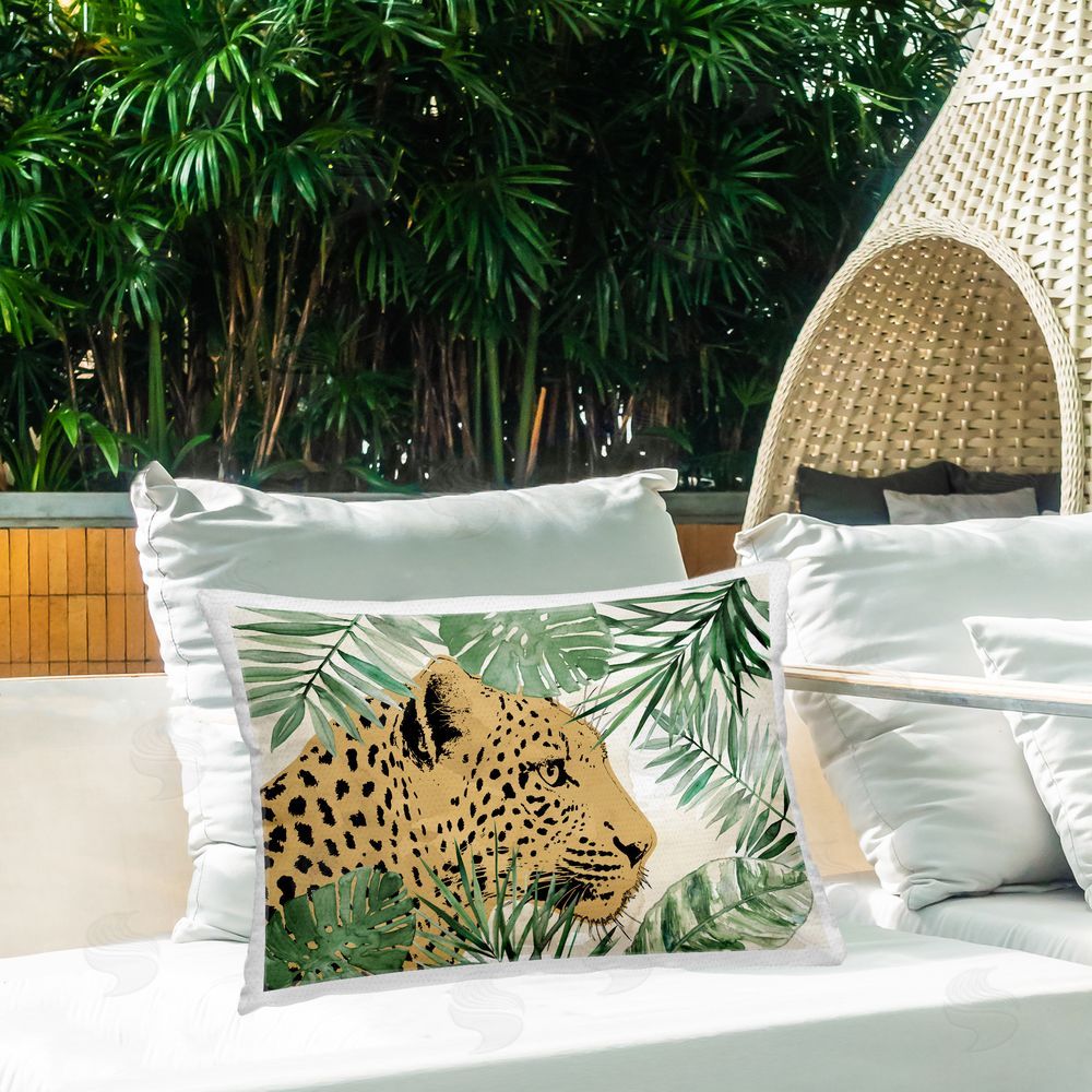 Carol Robinson Leopard Surrounded by Palms Outdoor Quick-Dry Polyester Printed Throw Pillow in Back Yard