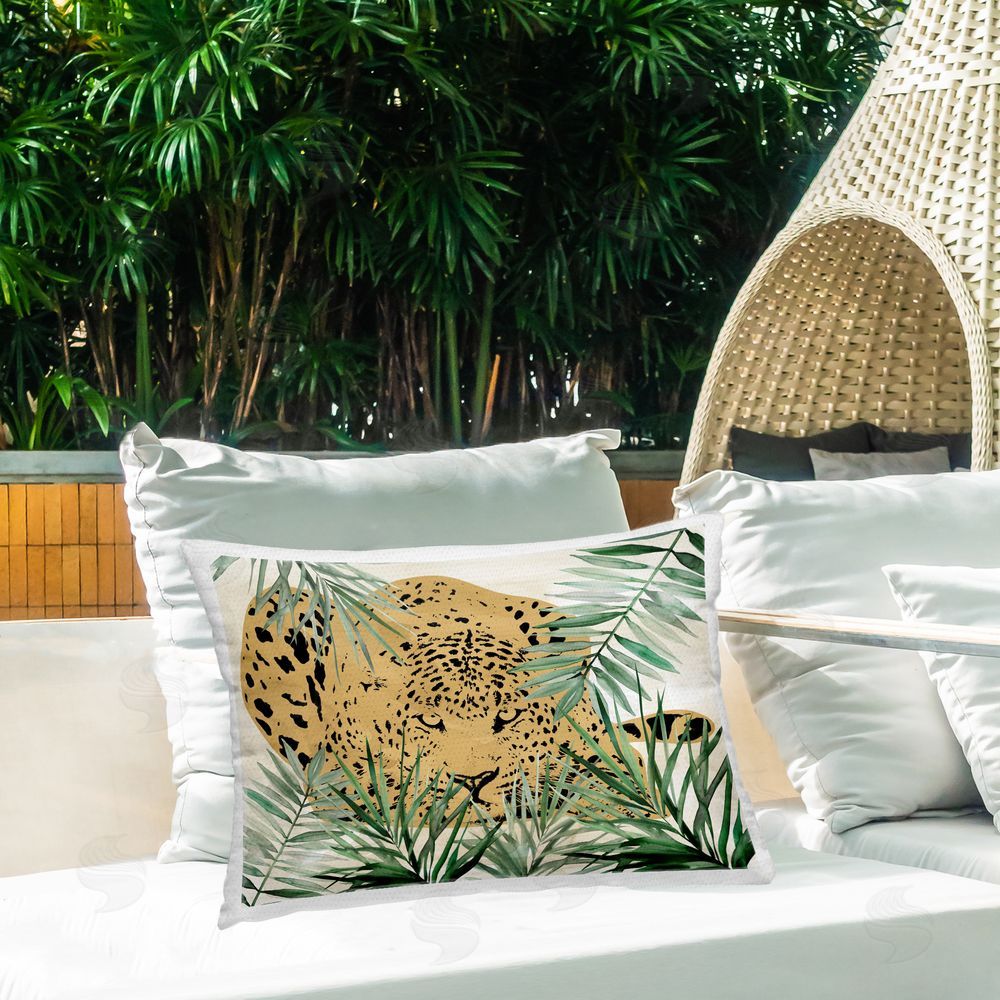 Carol Robinson Peering Leopard through Palms Outdoor Quick-Dry Polyester Printed Throw Pillow in Back Yard