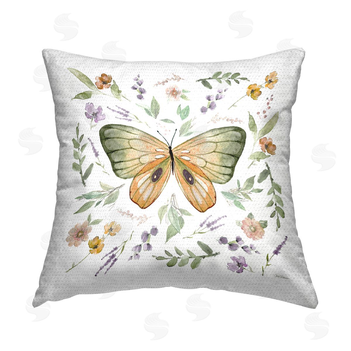 Butterfly with Organic Florals Outdoor Printed Pillow, Home Decor by Carol Robinson