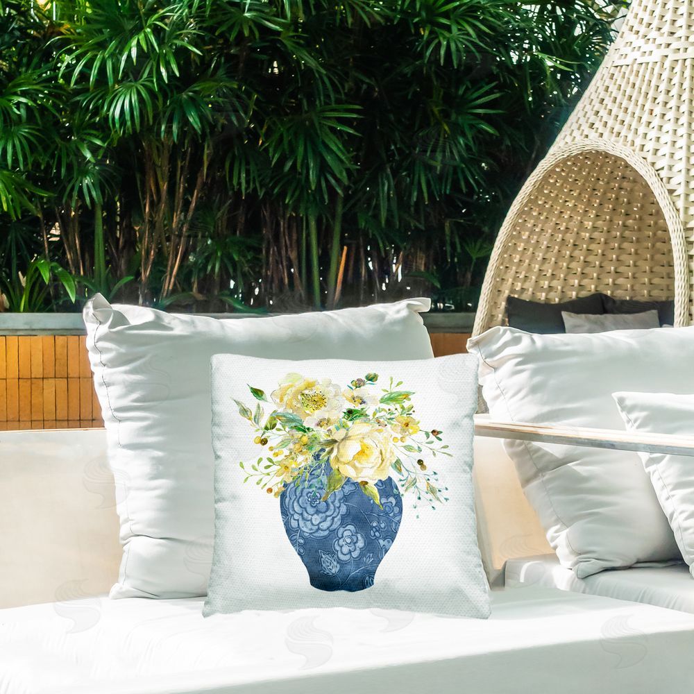 Carol Robinson Chinoiserie Vase Bouquet Outdoor Quick-Dry Polyester Printed Throw Pillow in Back Yard