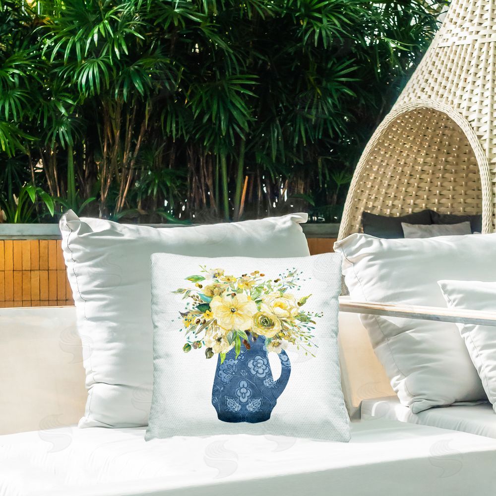 Carol Robinson Yellow & Blue Flower Vase Outdoor Quick-Dry Polyester Printed Throw Pillow in Back Yard