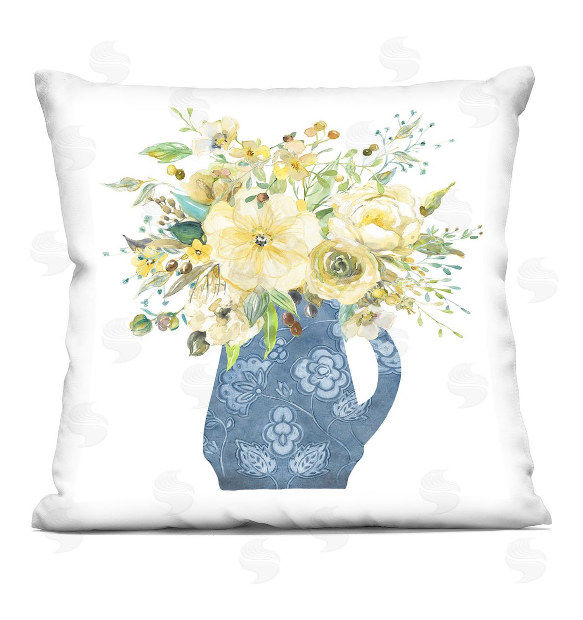 Carol Robinson Yellow & Blue Flower Vase Printed Plush Polyester Throw Pillow
