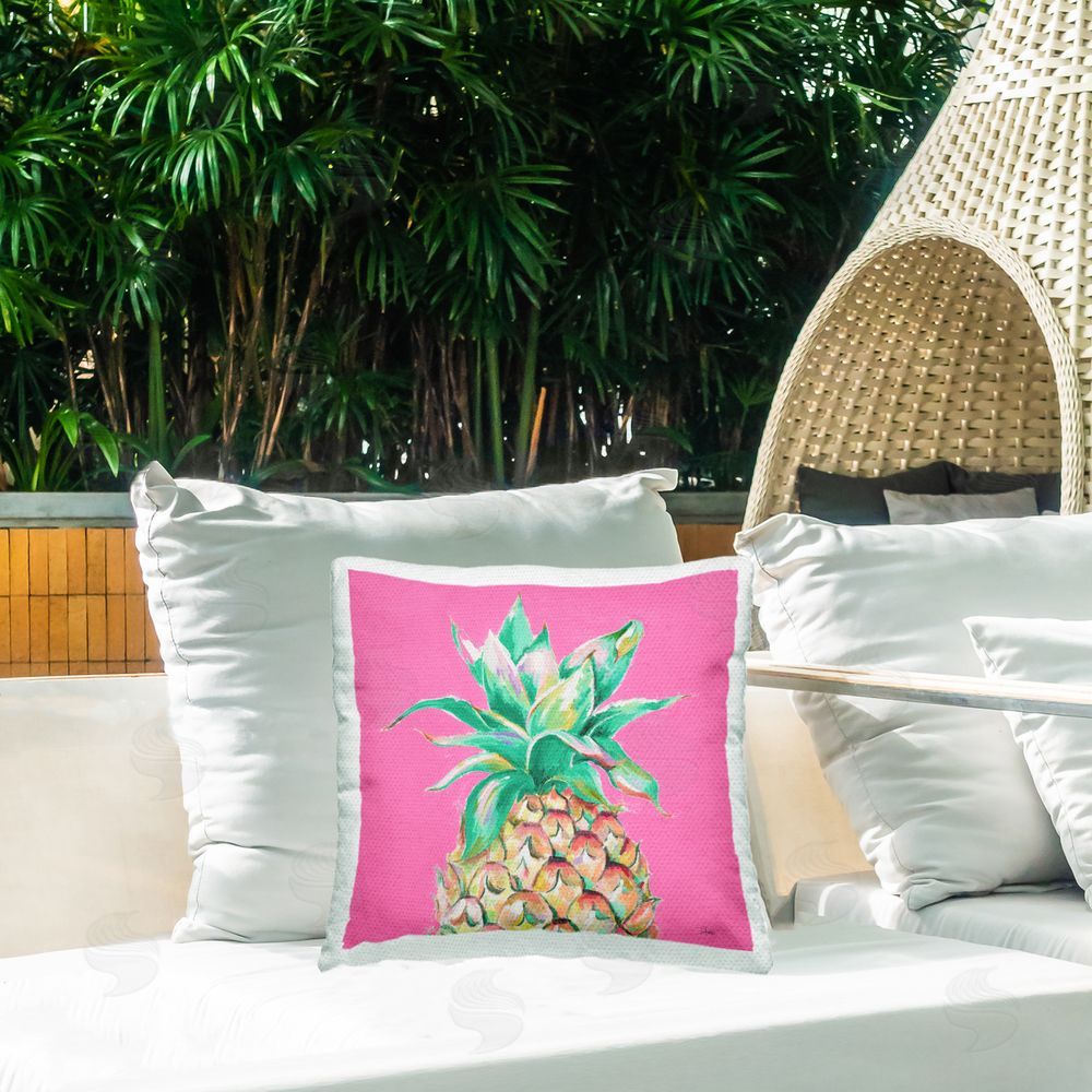 Patricia Pinto Pineapple on Pink Outdoor Quick-Dry Polyester Printed Throw Pillow in Back Yard