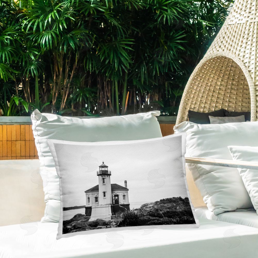 Nathan Larson Looking Out Lighthouse Outdoor Quick-Dry Polyester Printed Throw Pillow in Back Yard
