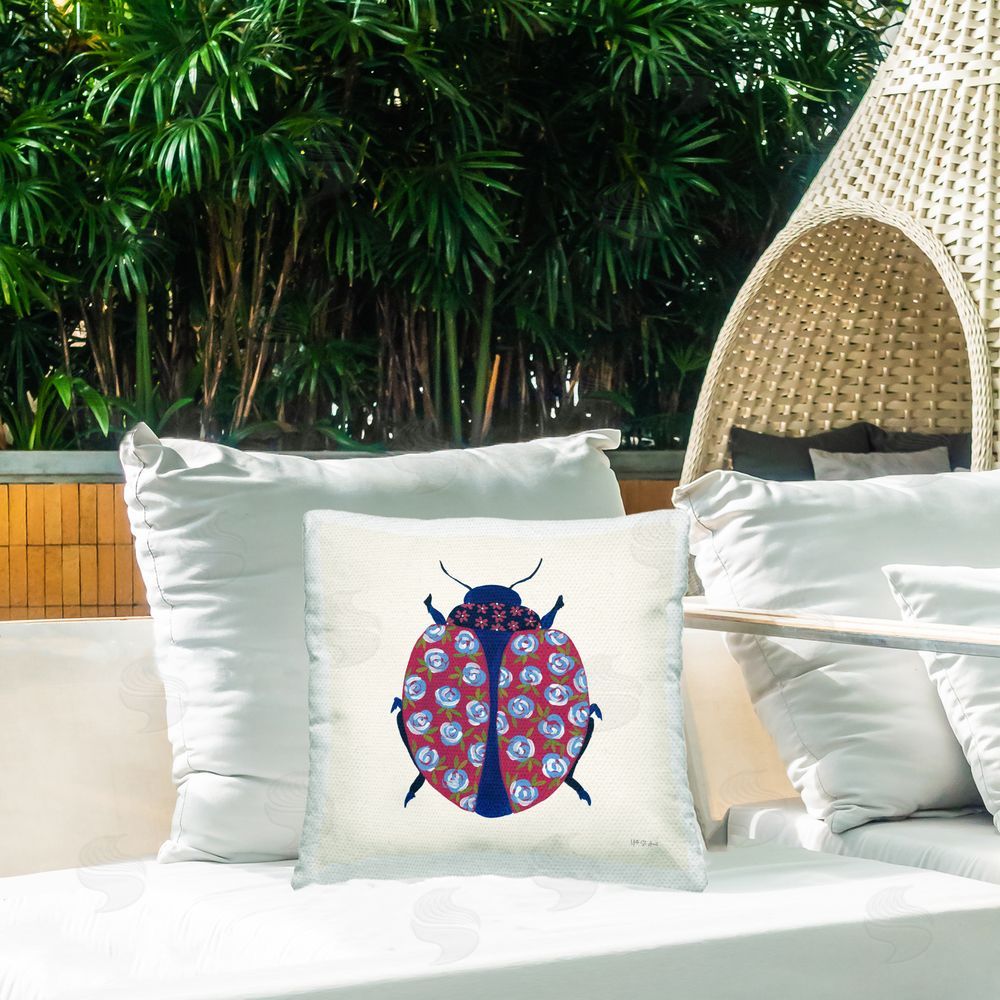 Yvette St. Amant Rose Blooming Beetle Outdoor Quick-Dry Polyester Printed Throw Pillow in Back Yard