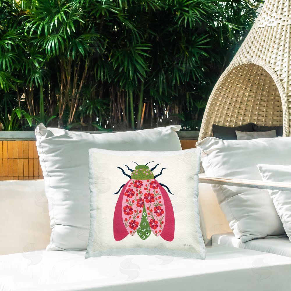 Yvette St. Amant Pink & Green Blooming Beetle Outdoor Quick-Dry Polyester Printed Throw Pillow in Back Yard