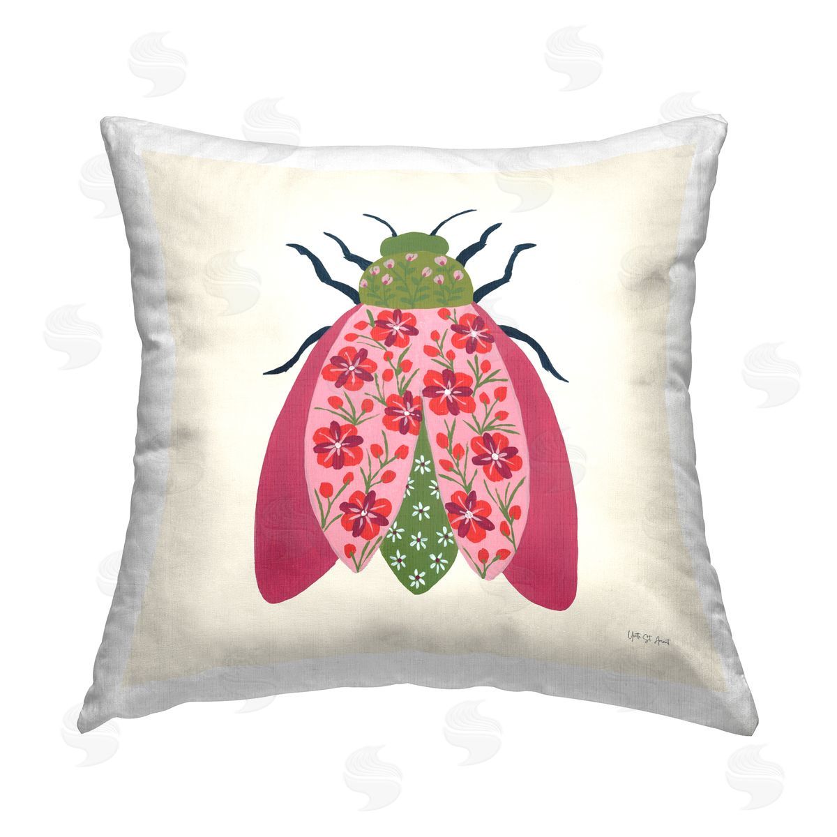 Yvette St. Amant Pink & Green Blooming Beetle Printed Plush Polyester Throw Pillow