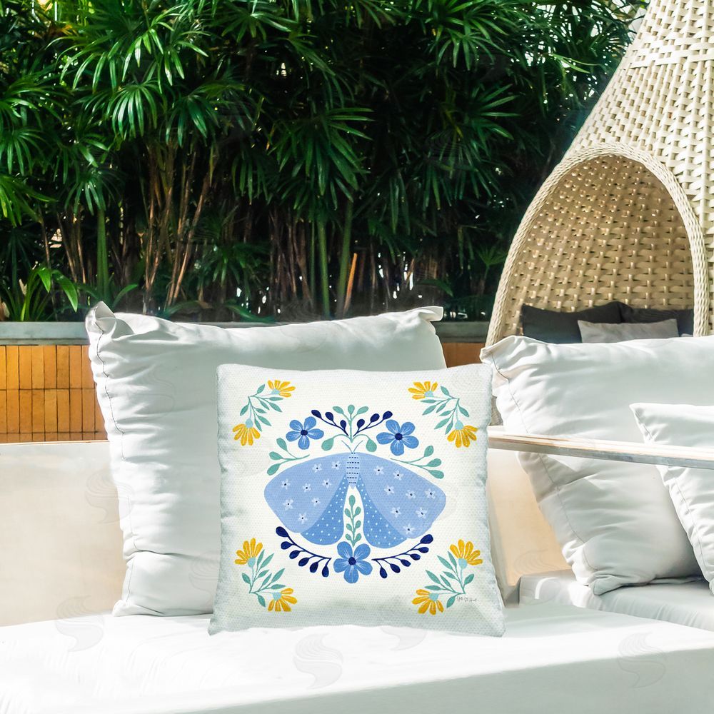 Yvette St. Amant Blue Folk Butterfly Outdoor Quick-Dry Polyester Printed Throw Pillow in Back Yard