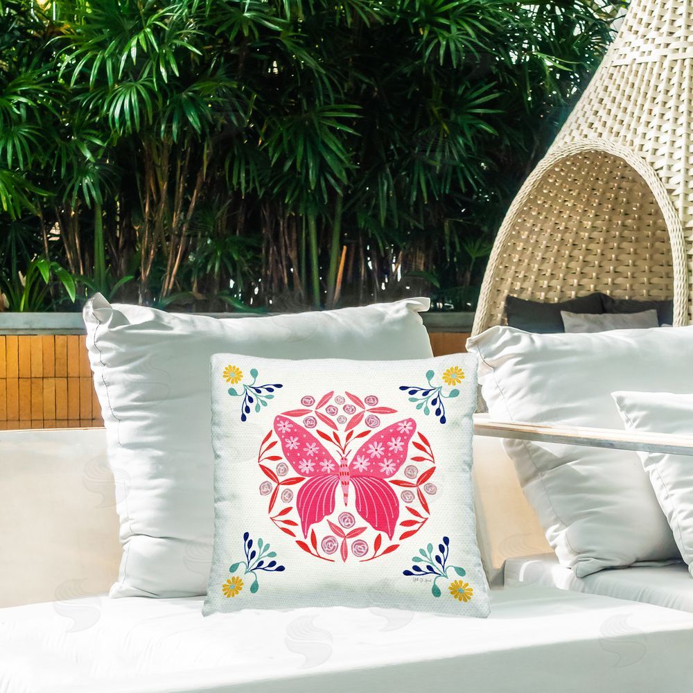 Yvette St. Amant Pink Folk Butterfly Outdoor Quick-Dry Polyester Printed Throw Pillow in Back Yard