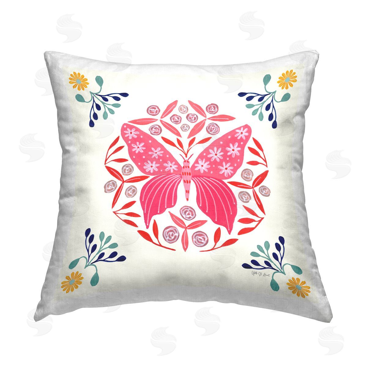 Yvette St. Amant Pink Folk Butterfly Printed Plush Polyester Throw Pillow