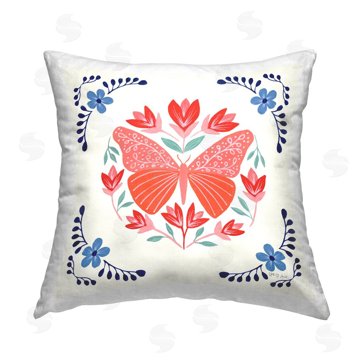 Yvette St. Amant Orange Folk Butterfly Printed Plush Polyester Throw Pillow