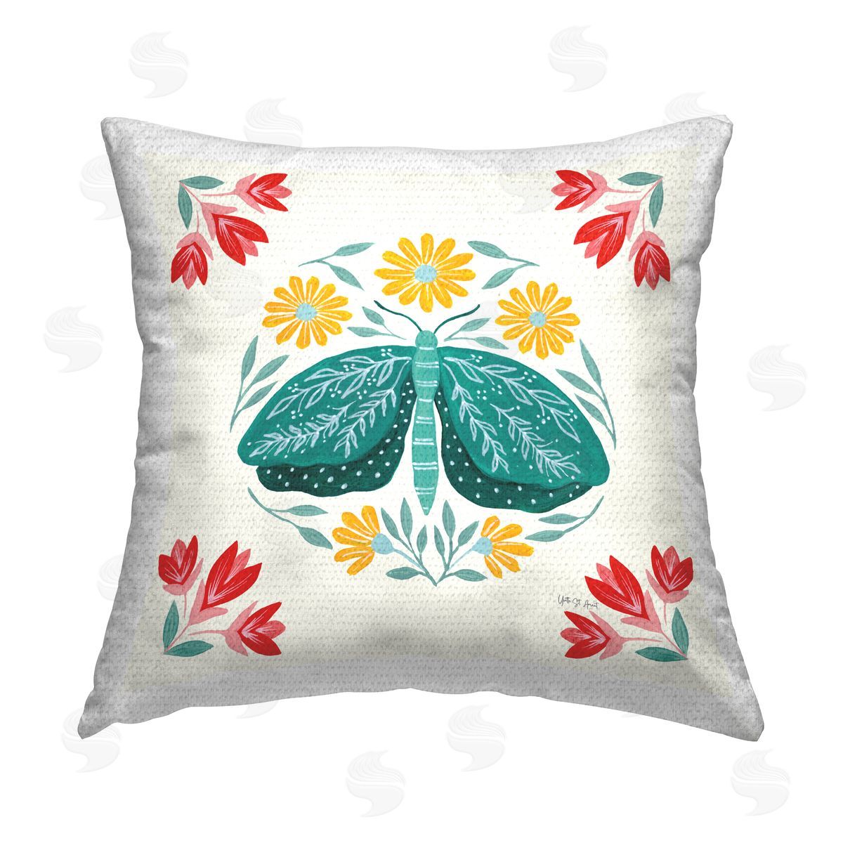 Yvette St. Amant Green Folk Butterfly Outdoor Quick-Dry Polyester Printed Throw Pillow