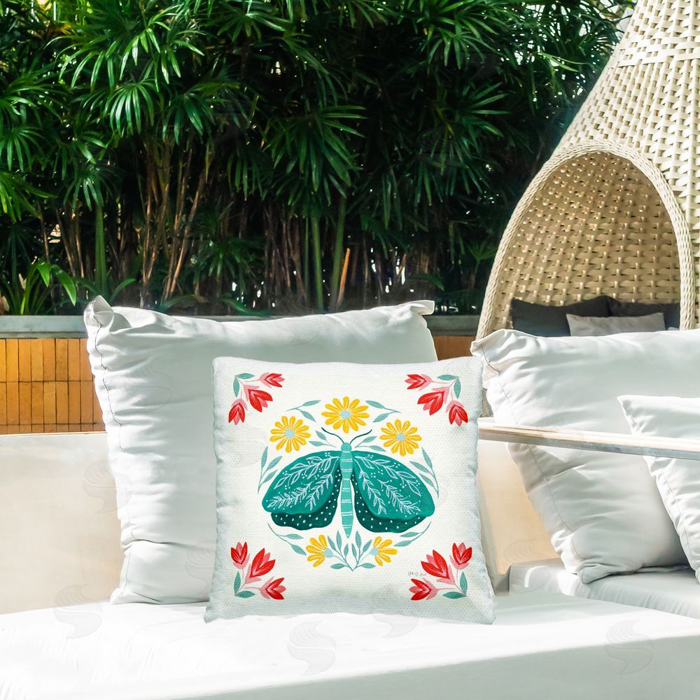 Yvette St. Amant Green Folk Butterfly Outdoor Quick-Dry Polyester Printed Throw Pillow in Back Yard