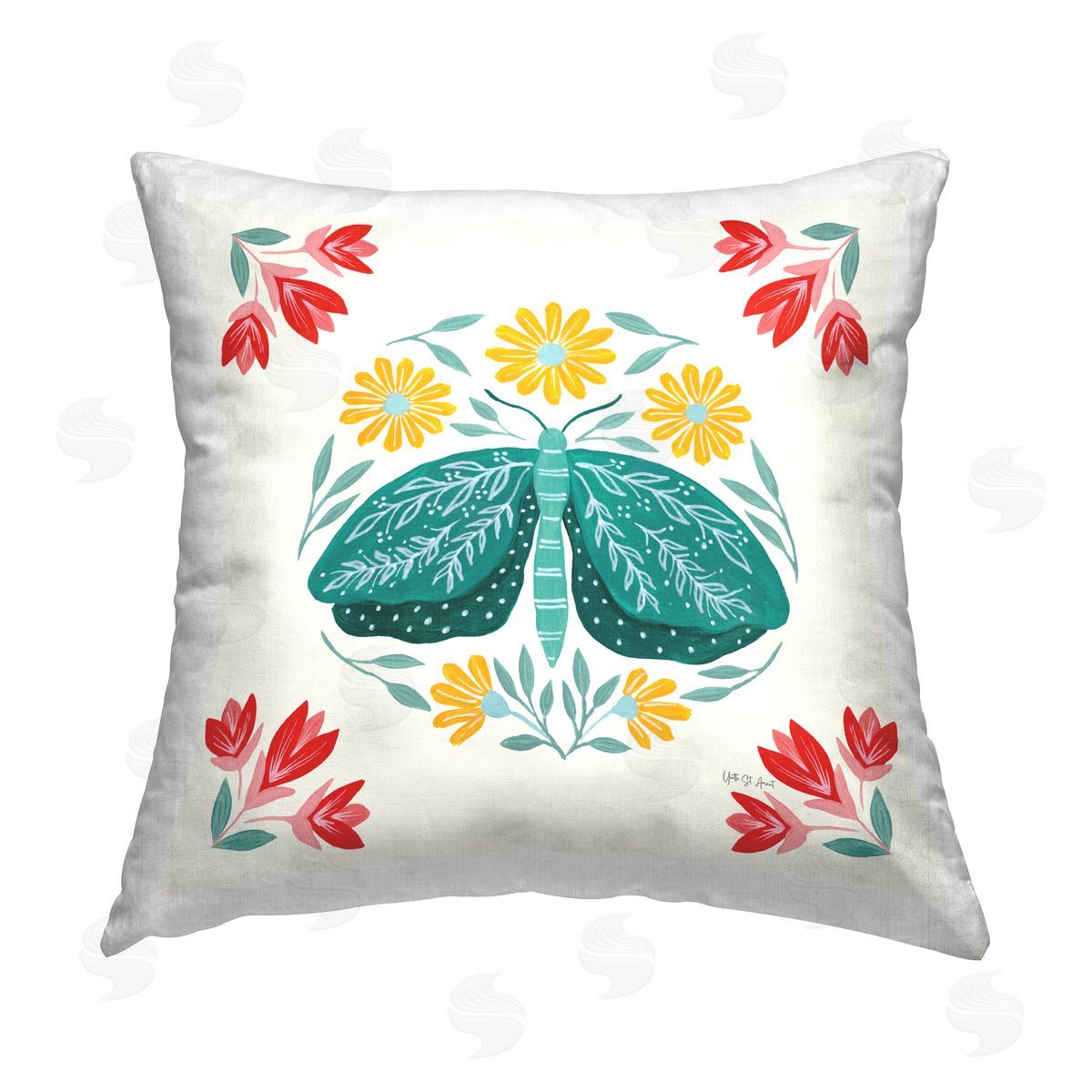 Yvette St. Amant Green Folk Butterfly Printed Plush Polyester Throw Pillow