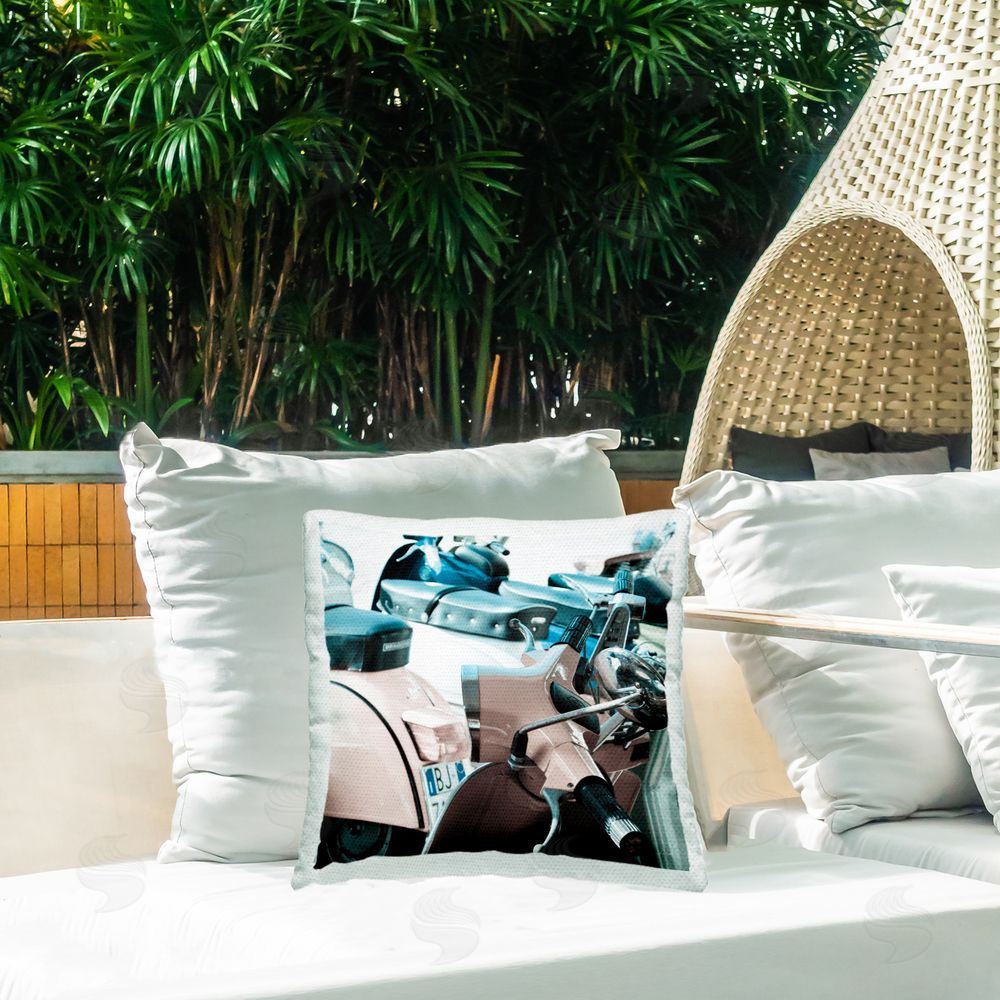 Deborah Revell Retro Italian Scooter Outdoor Quick-Dry Polyester Printed Throw Pillow in Back Yard