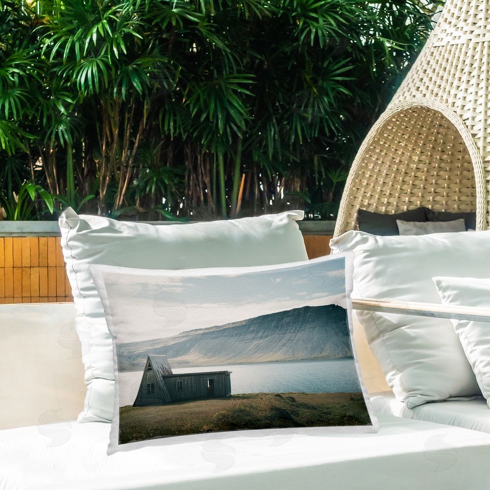 Max Blakesberg Studios Icelandic Mountain Shore Outdoor Quick-Dry Polyester Printed Throw Pillow in Back Yard