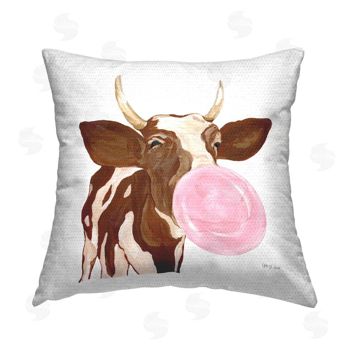 Happy Bubblegum Cow Outdoor Printed Pillow, Home Decor by Yvette St. Amant