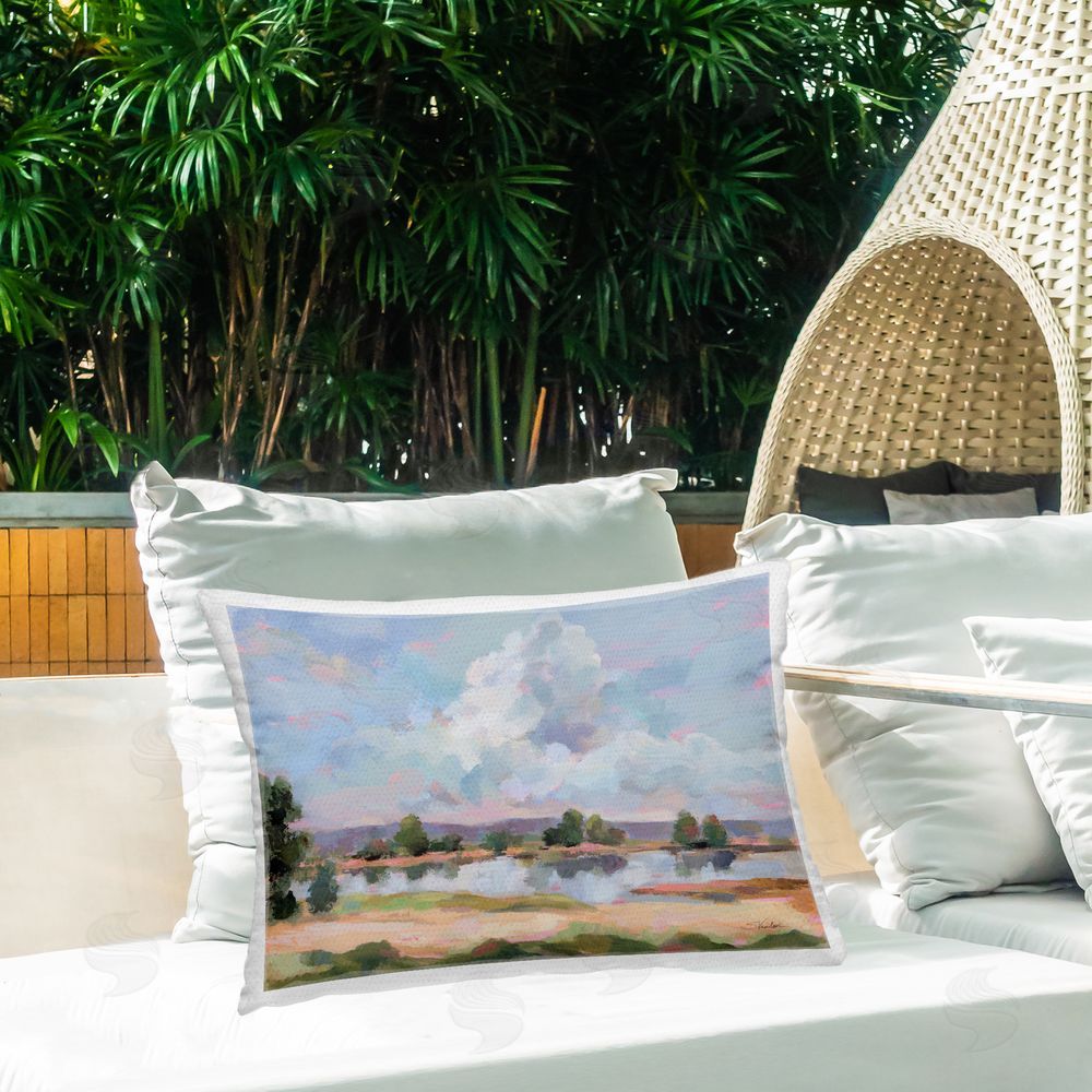 Silvia Vassileva River View Overhead Clouds Outdoor Quick-Dry Polyester Printed Throw Pillow in Back Yard