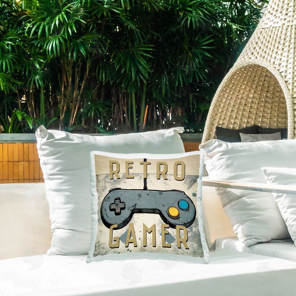 Kim Allen Retro Gamer Controller Outdoor Quick-Dry Polyester Printed Throw Pillow in Back Yard