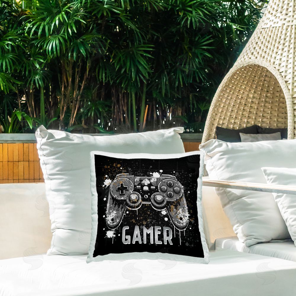 Kim Allen Pixel Style Gamer Outdoor Quick-Dry Polyester Printed Throw Pillow in Back Yard