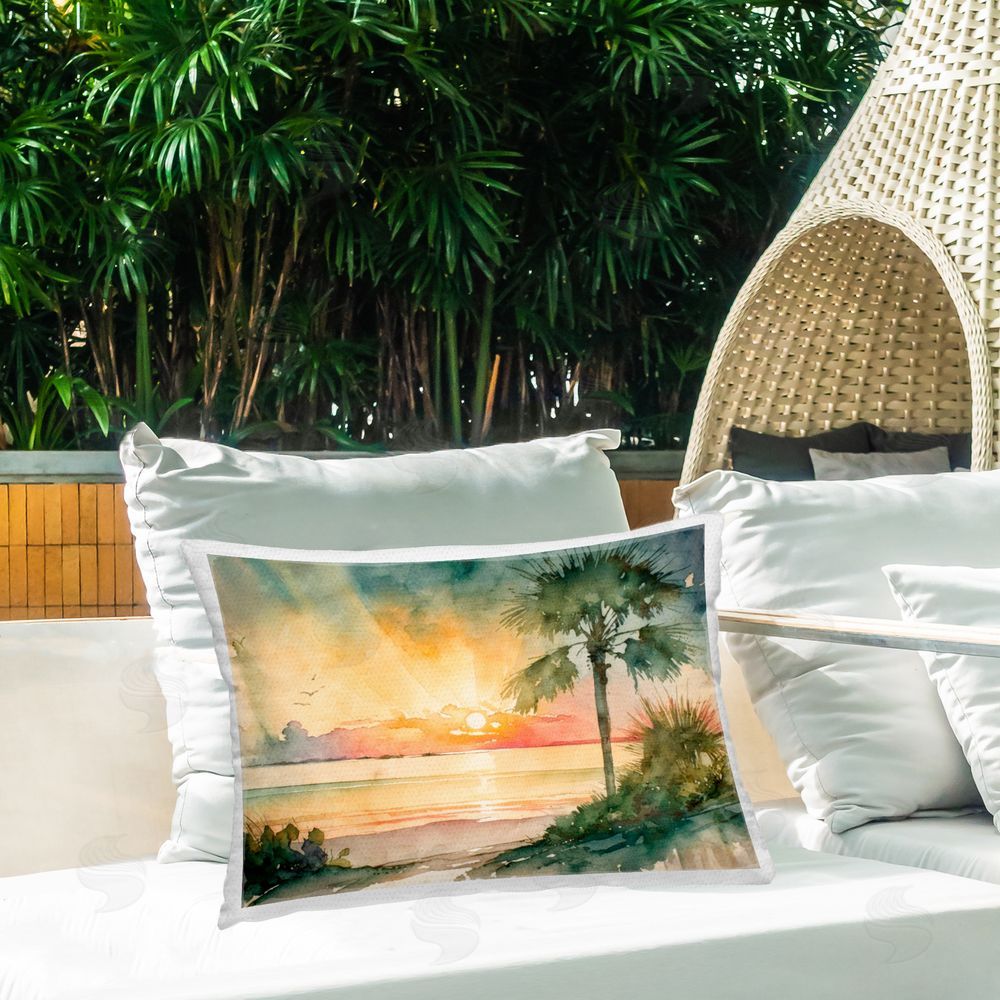 Svetlana Aleynikova Sunrise Through Palms Outdoor Quick-Dry Polyester Printed Throw Pillow in Back Yard