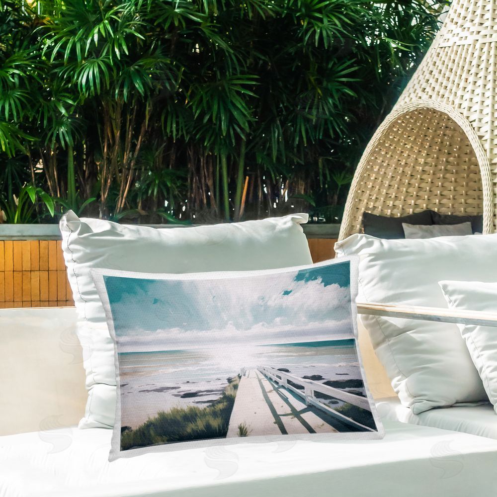 Svetlana Aleynikova White Bridge to Shore Outdoor Quick-Dry Polyester Printed Throw Pillow in Back Yard