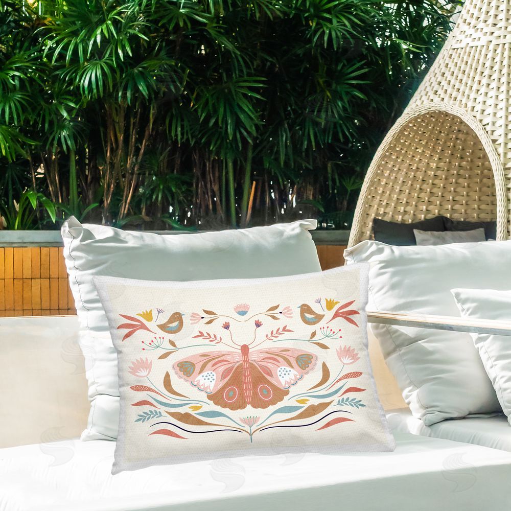 Kim Allen Boho Folk Moth Outdoor Quick-Dry Polyester Printed Throw Pillow in Back Yard
