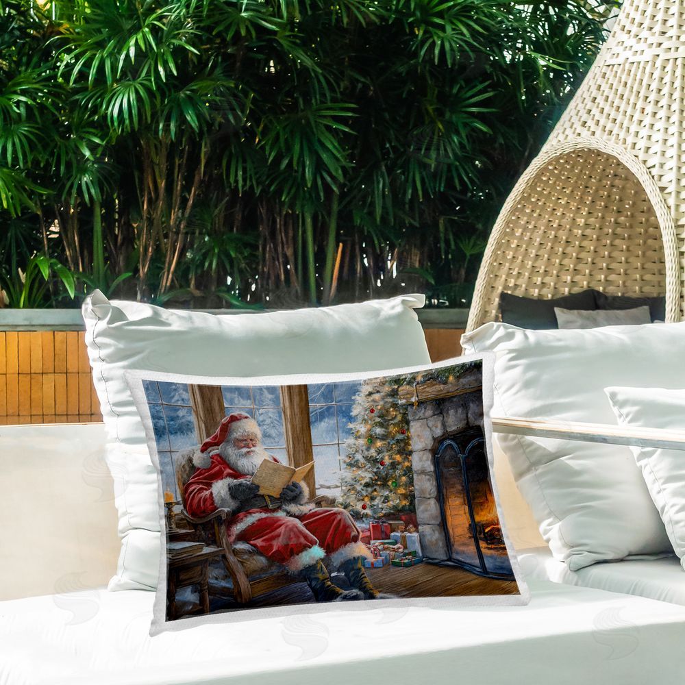 Imagine It Images Santa Reading by Fire Outdoor Quick-Dry Polyester Printed Throw Pillow in Back Yard