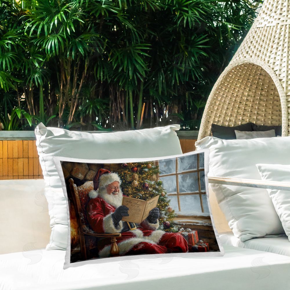 Imagine It Images Cheerful Santa Reading Outdoor Quick-Dry Polyester Printed Throw Pillow in Back Yard