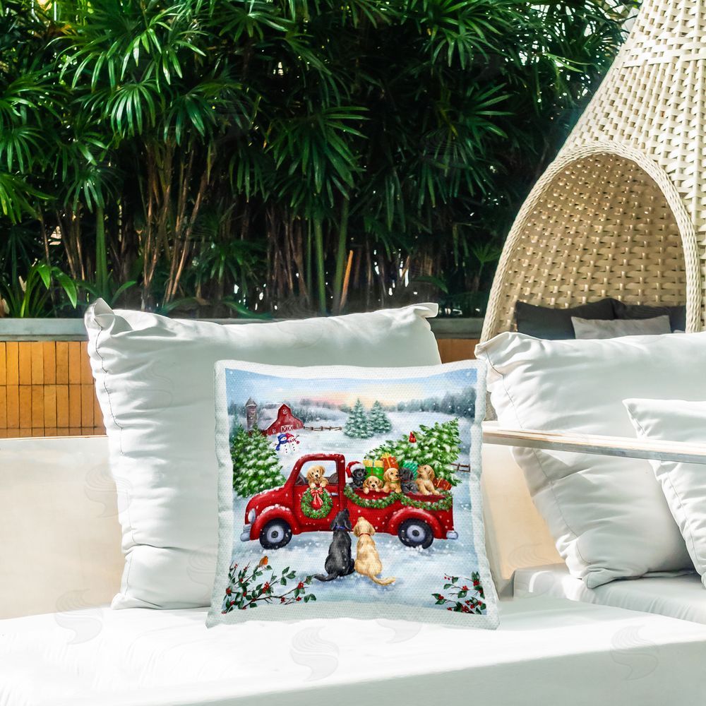 Jean Francois Holiday Truck & Tree Outdoor Quick-Dry Polyester Printed Throw Pillow in Back Yard