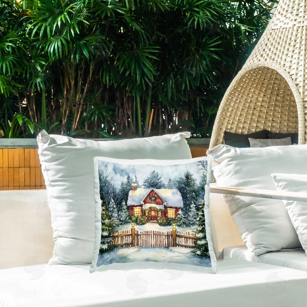 Michael McKinney Scenic Winter Cottage Outdoor Quick-Dry Polyester Printed Throw Pillow in Back Yard