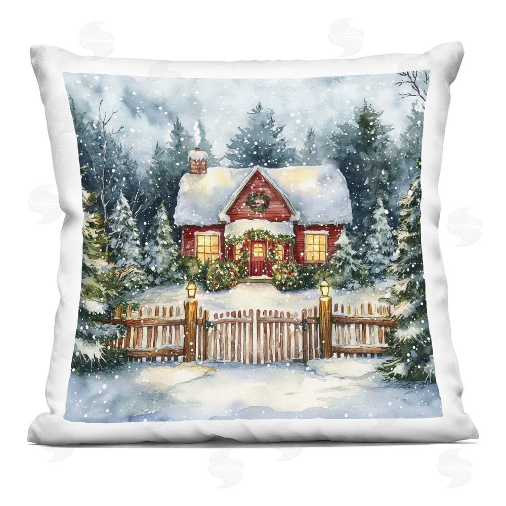 Michael McKinney Scenic Winter Cottage Printed Plush Polyester Throw Pillow