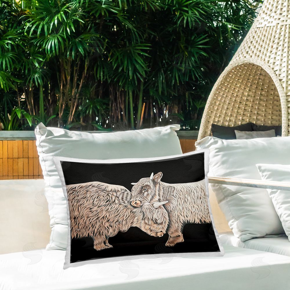 Ashley Justice Hugging Cattle on Black Outdoor Quick-Dry Polyester Printed Throw Pillow in Back Yard