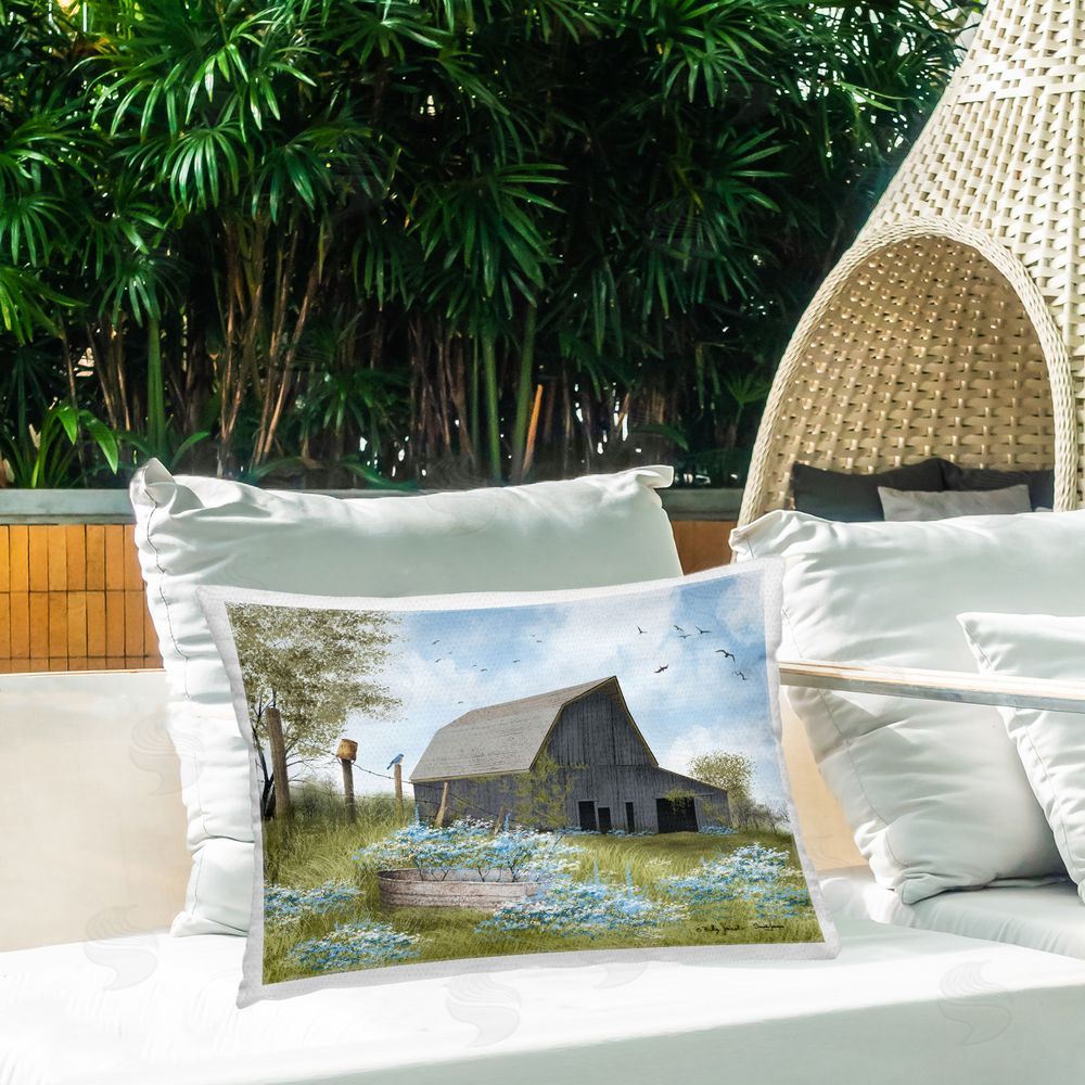 Billy Jacobs Blue Floral Country Garden Outdoor Quick-Dry Polyester Printed Throw Pillow in Back Yard