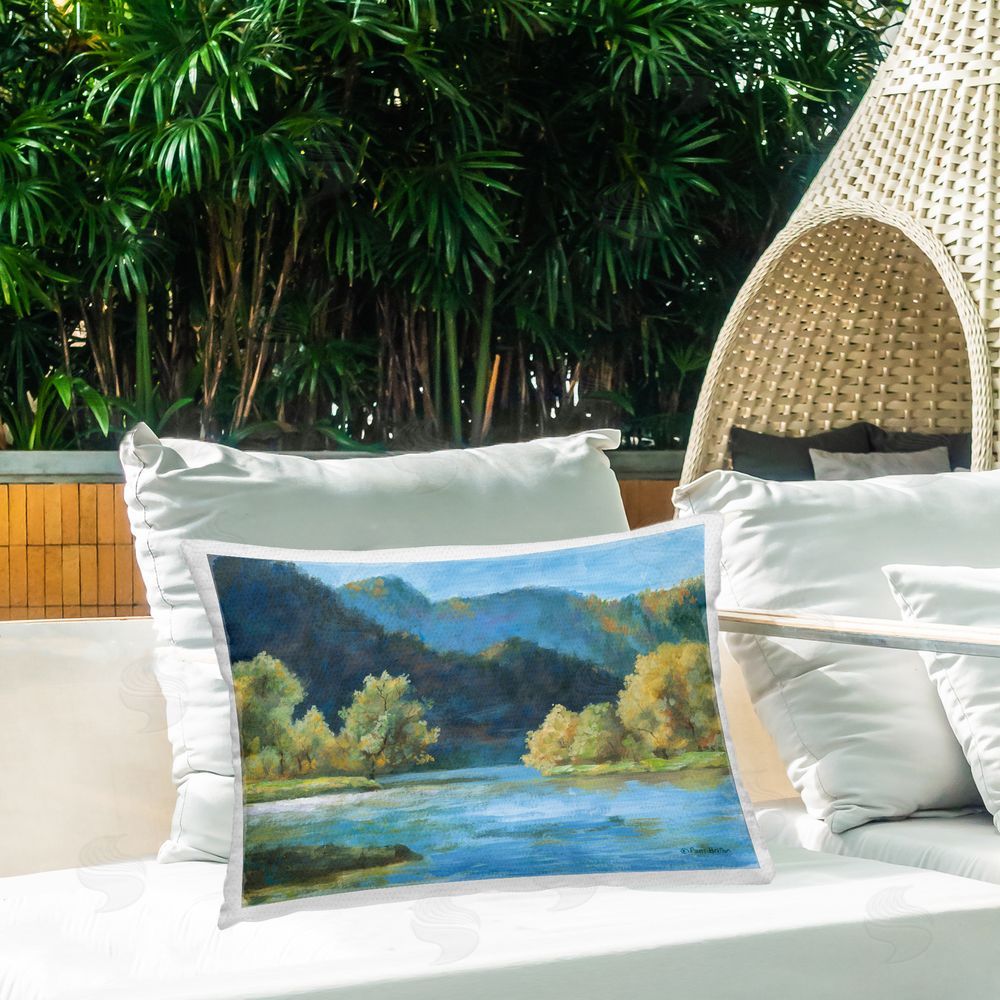 Pam Britton Blue Hued Mountains Outdoor Quick-Dry Polyester Printed Throw Pillow in Back Yard